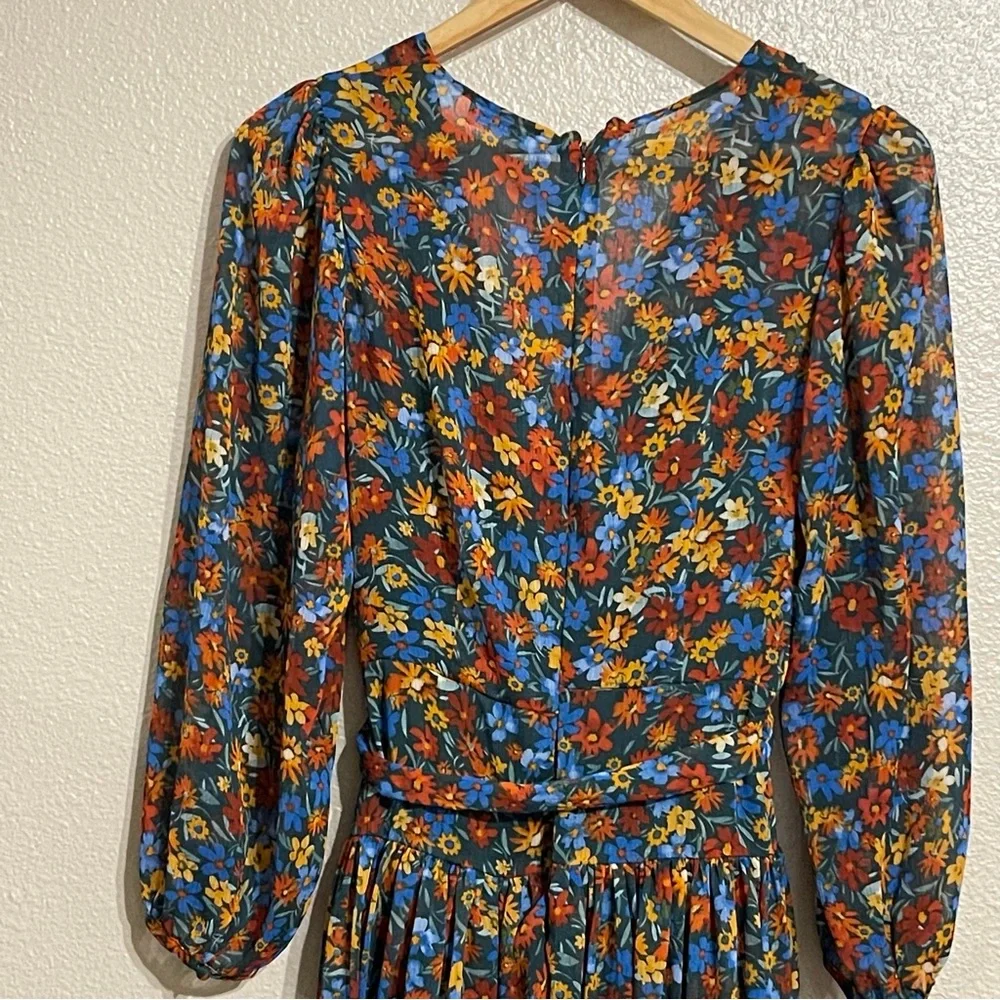 Surplice‎ Neck Three-Quarter Sleeve Floral Print Faux Wrap Midi Dress Sz 8 - Picture 12 of 14